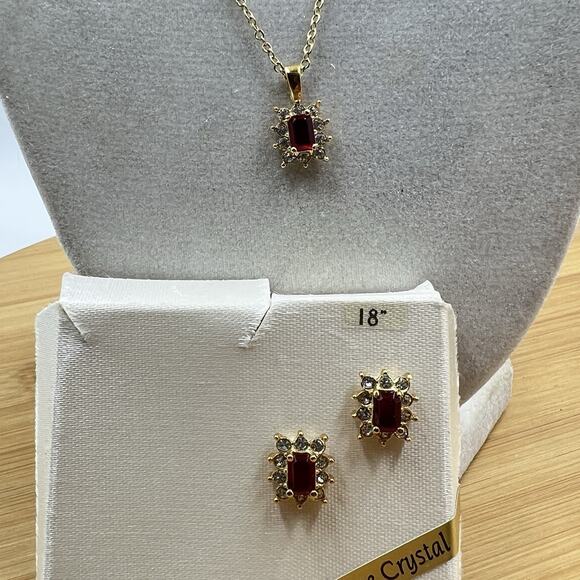 Roman Gold Tone Red Clear Rhinestone Necklace and Earrings Set Dainty Elegant - Picture 4 of 6